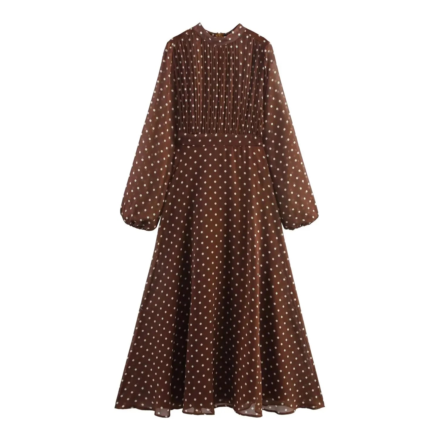 Vintage Brown Polka Dot Print Long Puff Sleeve Chiffon Dress Woman Pleated Front Slim High Waist Ankle Length Dress Robe