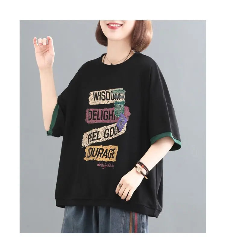 Female Korean Casual Letter Printed Round Neck T-shirt Summer Loose All-match Contrast Color Half Sleeve Tops Womens Clothing