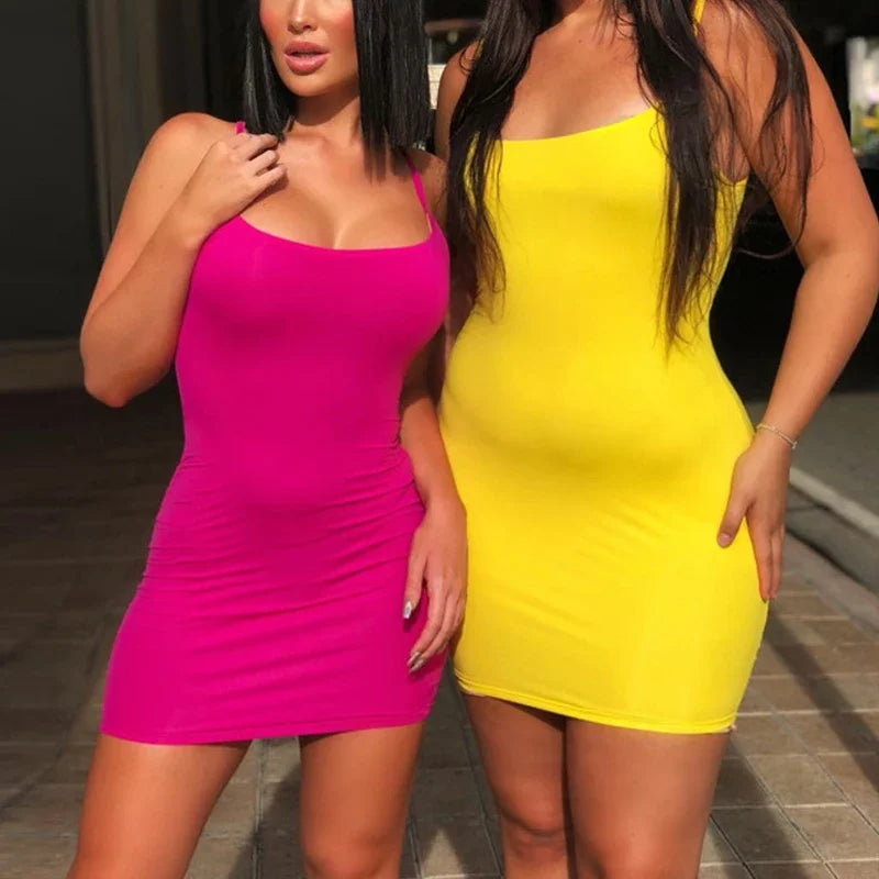 Summer Spaghetti Strap Mini Dress 2026 Women Sexy Bodycon Club Party Dresses Short Female Camisole Solid Black Sheath Sundress