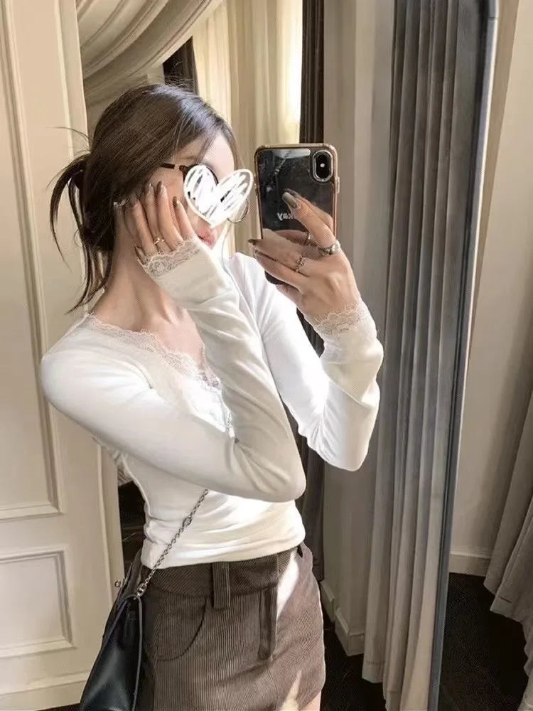 Solid Lace Patchwork Long Sleeve T-shirt Sexy Slim Women Top 2026 Spring Summer New Fashion Korean Style Clothing