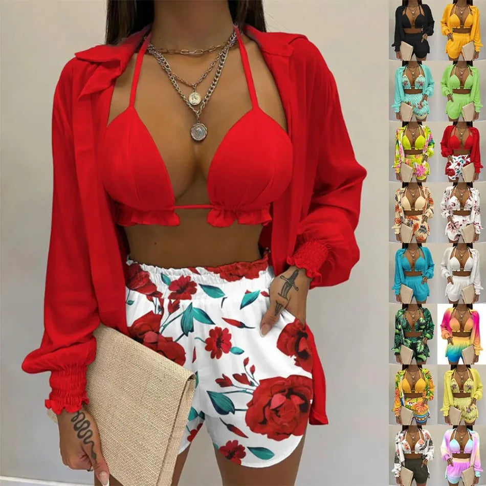 2026 New Bathing Suit Shorts Cover Up Summer Three Pieces Swimwear Sexy Beachwear High Waist Bikini Set Print Women's Swimsuit