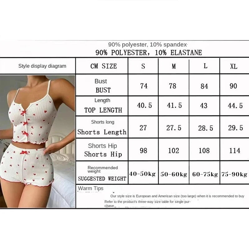 1 Set Sleepwear Women Pajamas Set Heart Print Soft Ribbed Fabric with Flirty Frill Trim Casual Cami Top and Short Set Loungewear