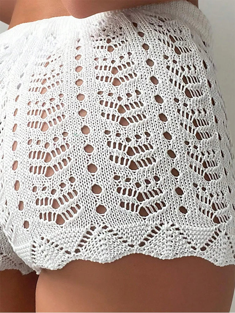 Women's White Crochet Knit Shorts High Waist Elastic Drawstring Hot Pants, Summer Beach Hollow Out Mesh Bottoms