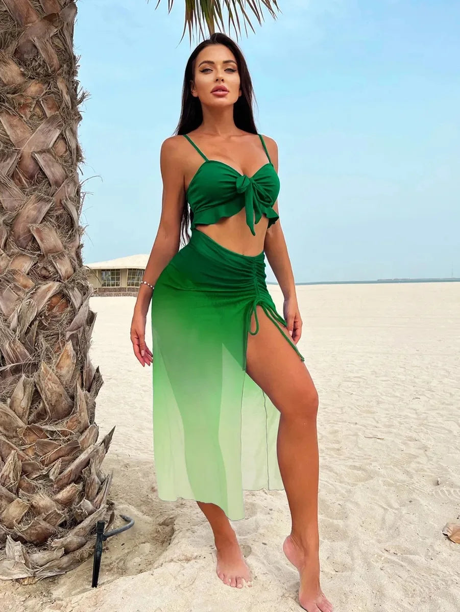 Cikini Sexy Gradient Color Three Piece Swimsuit Mesh Bikinis Set Summer Beach Swimwear Bathing Suit For Women