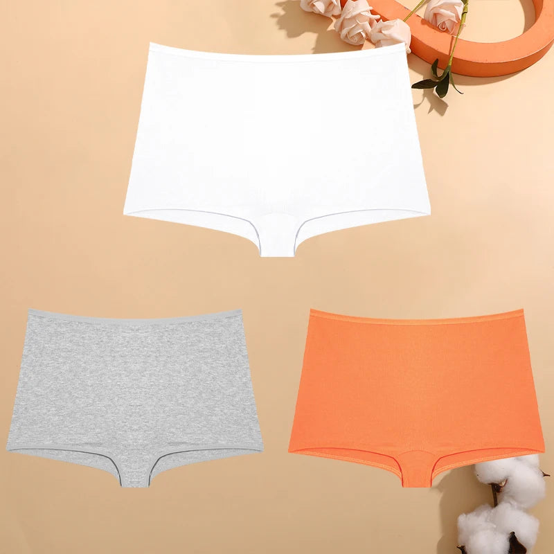 FINETOO 3PCS Women's Cotton Boyshort Panties Breathable Low Waist Solid Colors Underwear Female Casual Sports Boxers Underpants