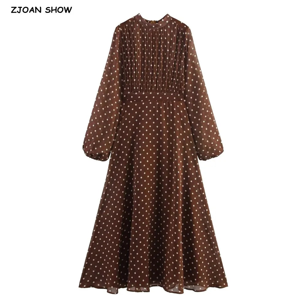 Vintage Brown Polka Dot Print Long Puff Sleeve Chiffon Dress Woman Pleated Front Slim High Waist Ankle Length Dress Robe