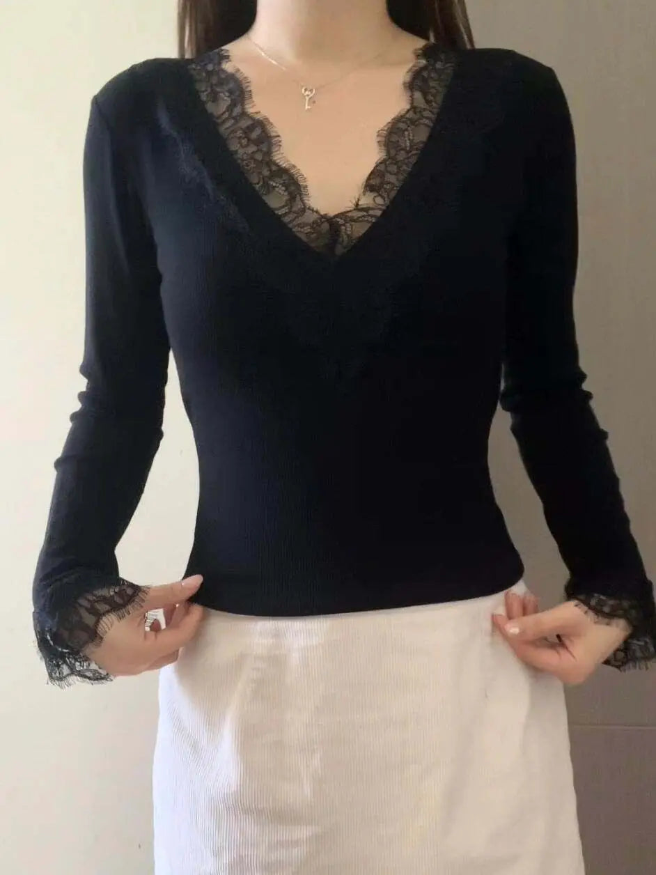 Solid Lace Patchwork Long Sleeve T-shirt Sexy Slim Women Top 2026 Spring Summer New Fashion Korean Style Clothing