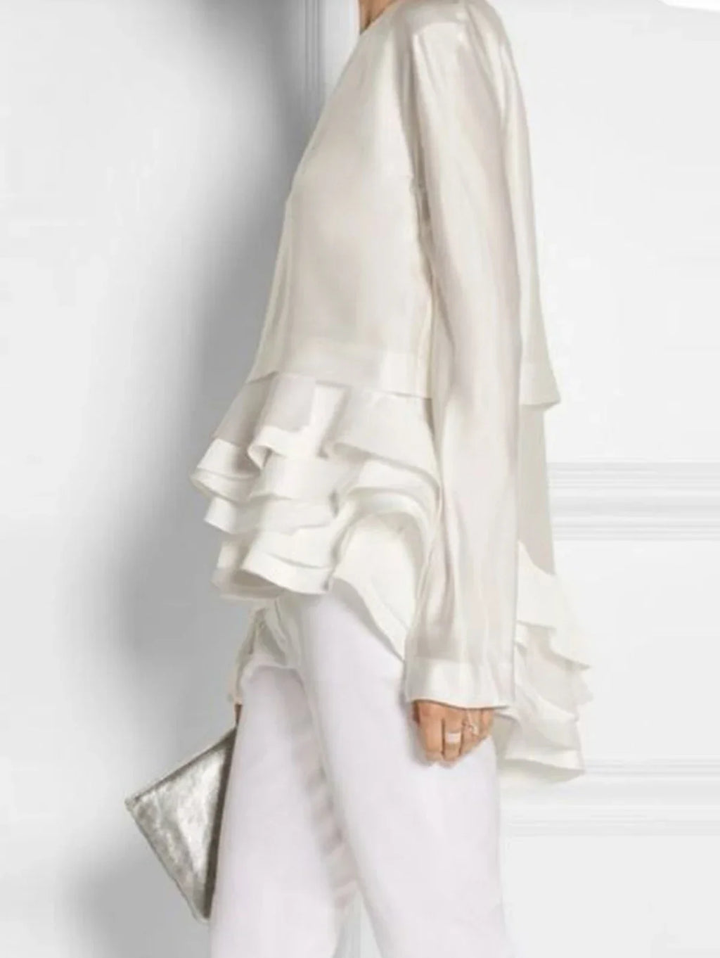 Plus Size Women‘s Shirt Ruffle Elegant Solid Flare Sleeve Ruffle Layered Hem Shirt Office Lady Autumn O-Neck Blouse Spring 2026