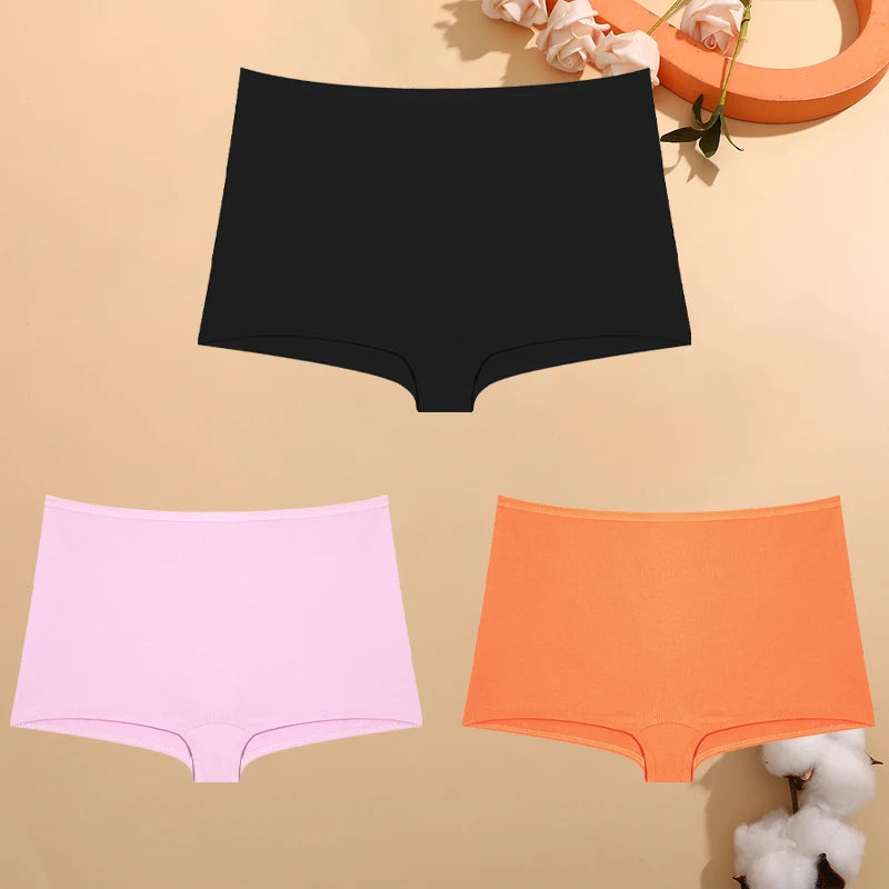 FINETOO 3PCS Women's Cotton Boyshort Panties Breathable Low Waist Solid Colors Underwear Female Casual Sports Boxers Underpants