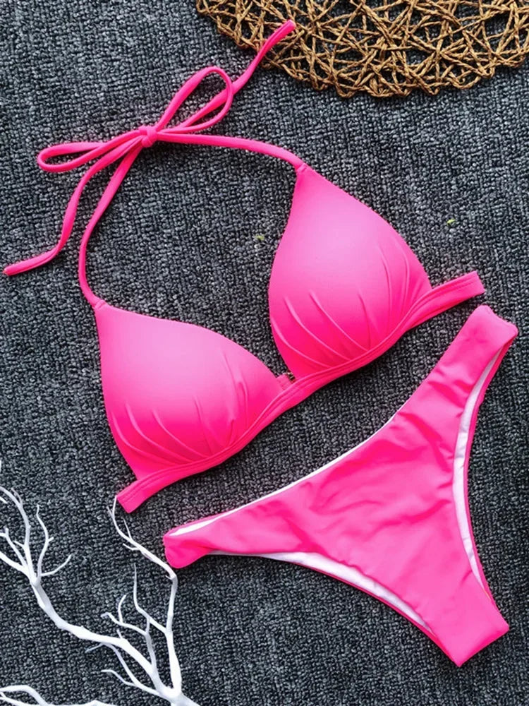 2026 Halter Bra Cup Bikini Sexy Swimsuit Female White Swimwear Women Push up Bikini set Brazilian Bathing Suit Bandeau Swim suit