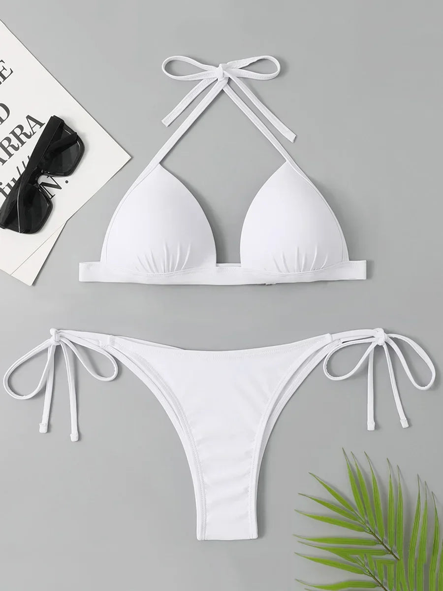 2026 Halter Bra Cup Bikini Sexy Swimsuit Female White Swimwear Women Push up Bikini set Brazilian Bathing Suit Bandeau Swim suit