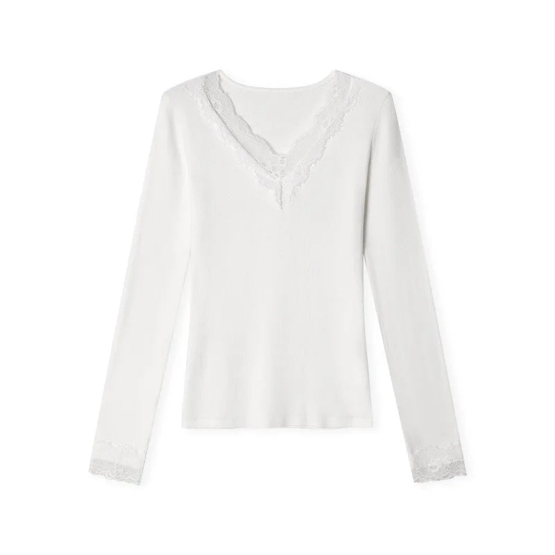 Solid Lace Patchwork Long Sleeve T-shirt Sexy Slim Women Top 2026 Spring Summer New Fashion Korean Style Clothing