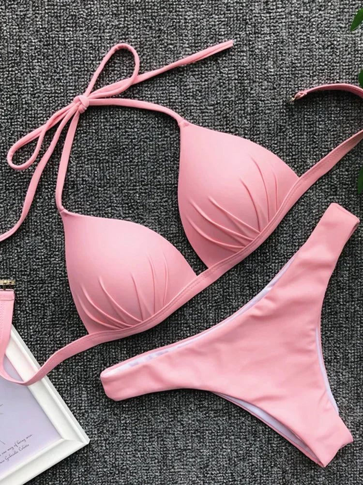 2026 Halter Bra Cup Bikini Sexy Swimsuit Female White Swimwear Women Push up Bikini set Brazilian Bathing Suit Bandeau Swim suit