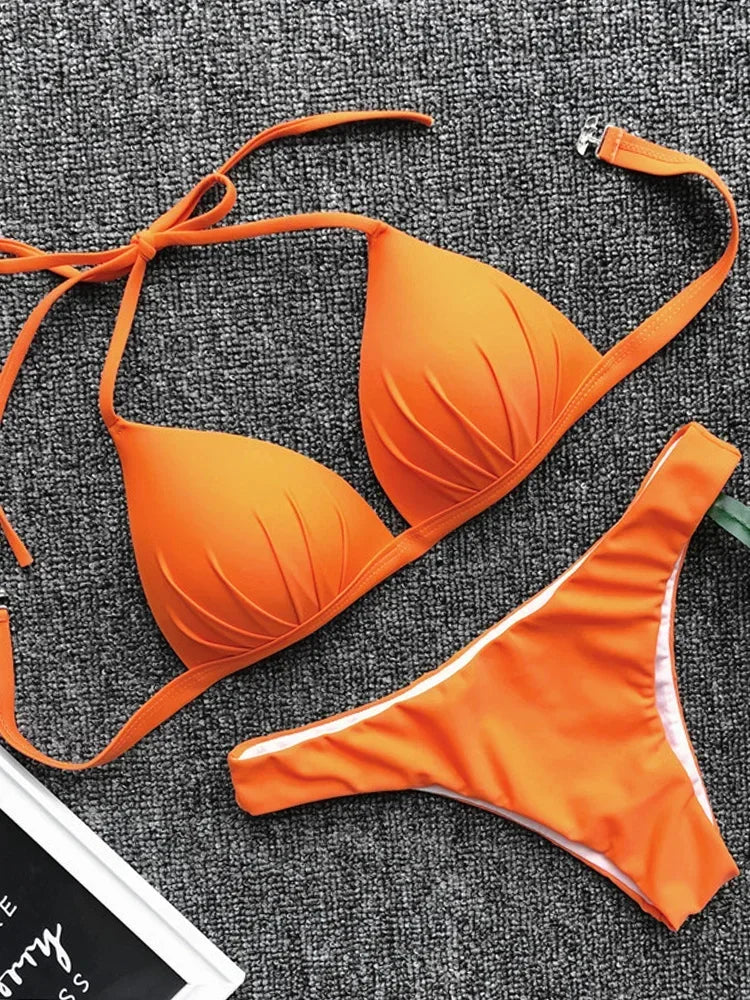 2026 Halter Bra Cup Bikini Sexy Swimsuit Female White Swimwear Women Push up Bikini set Brazilian Bathing Suit Bandeau Swim suit