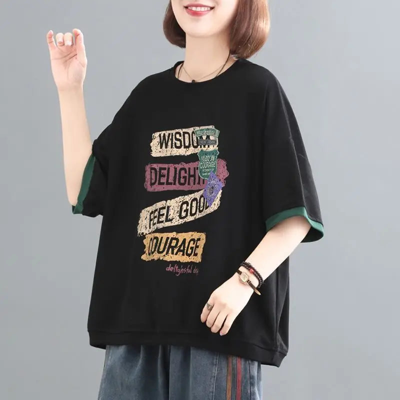 Female Korean Casual Letter Printed Round Neck T-shirt Summer Loose All-match Contrast Color Half Sleeve Tops Womens Clothing