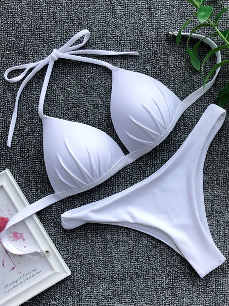 2026 Halter Bra Cup Bikini Sexy Swimsuit Female White Swimwear Women Push up Bikini set Brazilian Bathing Suit Bandeau Swim suit