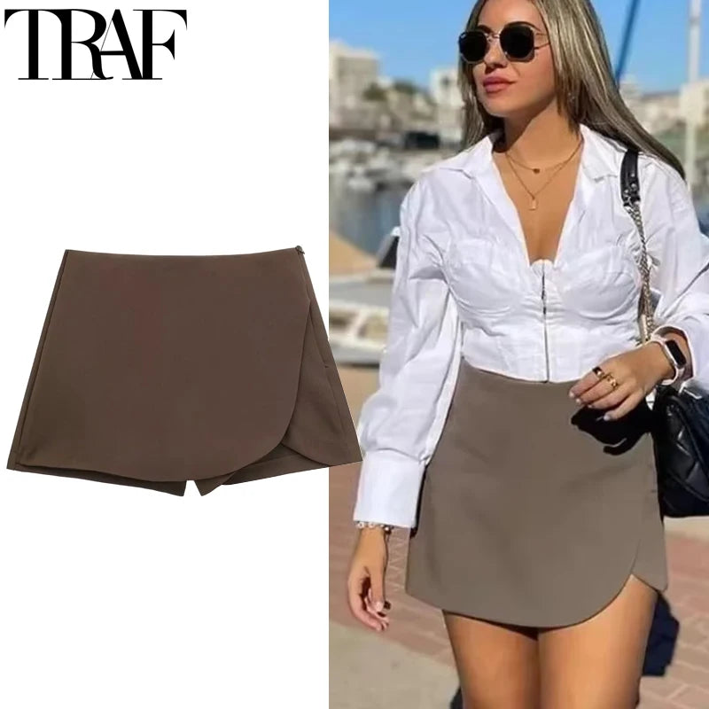 HXAO Women's Skirt Shorts Summer Beige Black Skirt Pants Woman Office High Waist Skort For Women Asymmetrical Pink Brown Skirt
