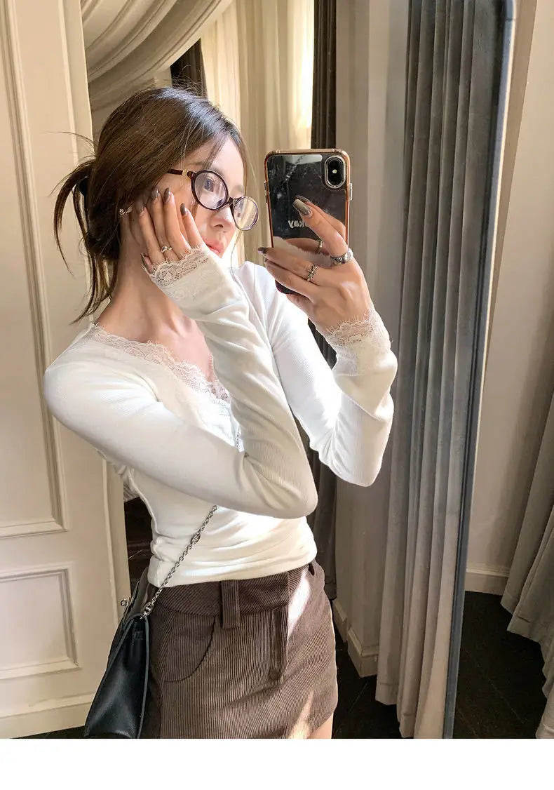Solid Lace Patchwork Long Sleeve T-shirt Sexy Slim Women Top 2026 Spring Summer New Fashion Korean Style Clothing