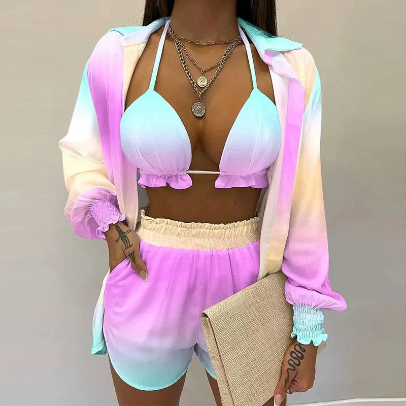 2026 New Bathing Suit Shorts Cover Up Summer Three Pieces Swimwear Sexy Beachwear High Waist Bikini Set Print Women's Swimsuit
