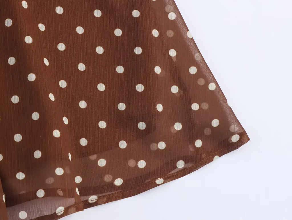 Vintage Brown Polka Dot Print Long Puff Sleeve Chiffon Dress Woman Pleated Front Slim High Waist Ankle Length Dress Robe