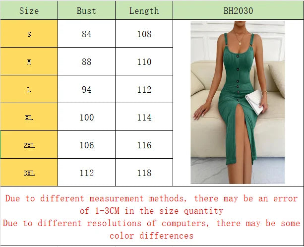 Women's Spring/Summer Faux-Button Knit Tank Dress, Slim Fit Sexy V-Neck Slit Bodycon Dress for Daily & Party Wear