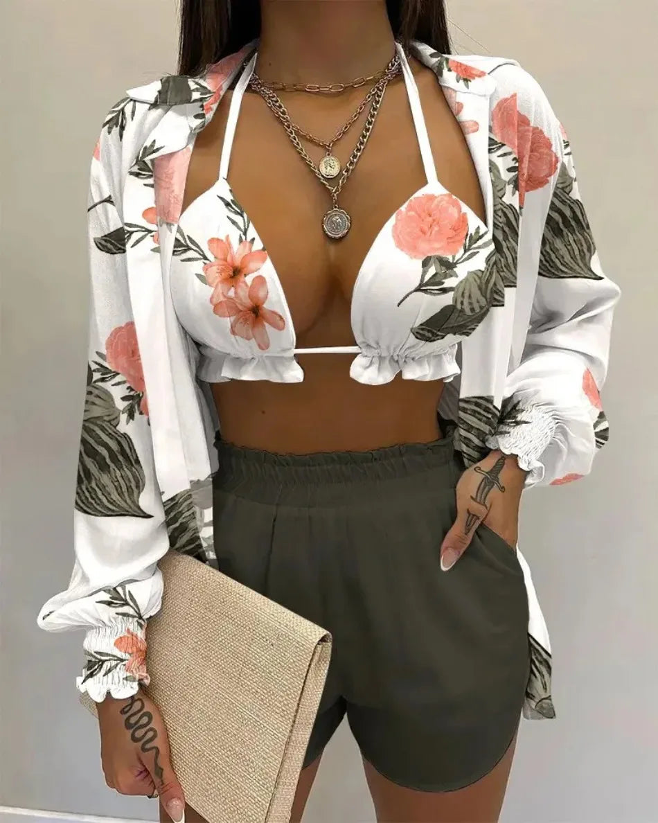 2026 New Bathing Suit Shorts Cover Up Summer Three Pieces Swimwear Sexy Beachwear High Waist Bikini Set Print Women's Swimsuit