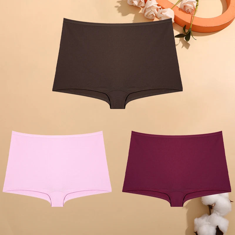 FINETOO 3PCS Women's Cotton Boyshort Panties Breathable Low Waist Solid Colors Underwear Female Casual Sports Boxers Underpants