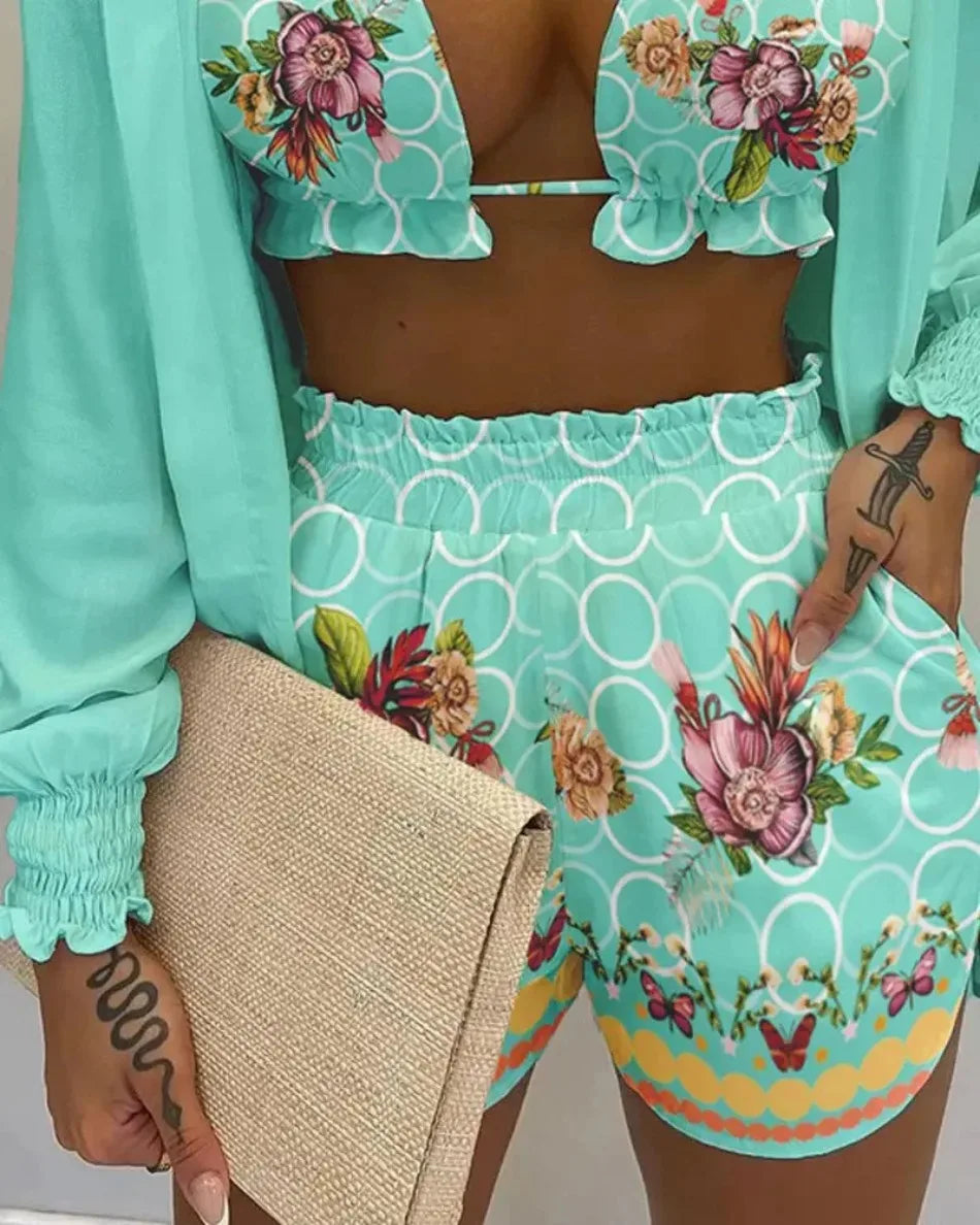 2026 New Bathing Suit Shorts Cover Up Summer Three Pieces Swimwear Sexy Beachwear High Waist Bikini Set Print Women's Swimsuit