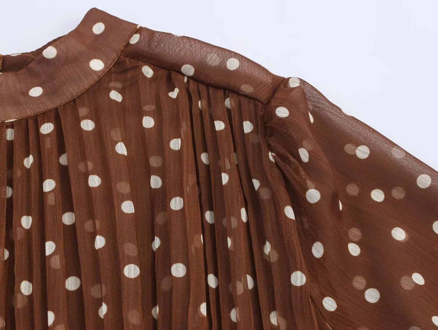 Vintage Brown Polka Dot Print Long Puff Sleeve Chiffon Dress Woman Pleated Front Slim High Waist Ankle Length Dress Robe
