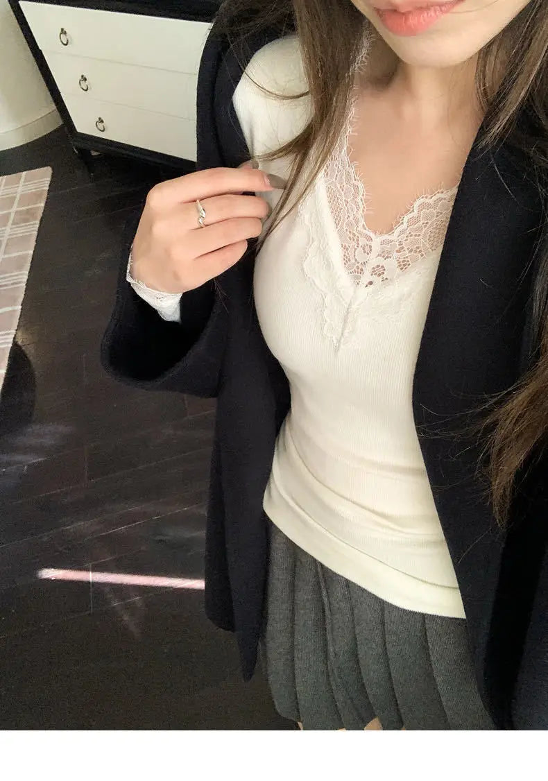 Solid Lace Patchwork Long Sleeve T-shirt Sexy Slim Women Top 2026 Spring Summer New Fashion Korean Style Clothing