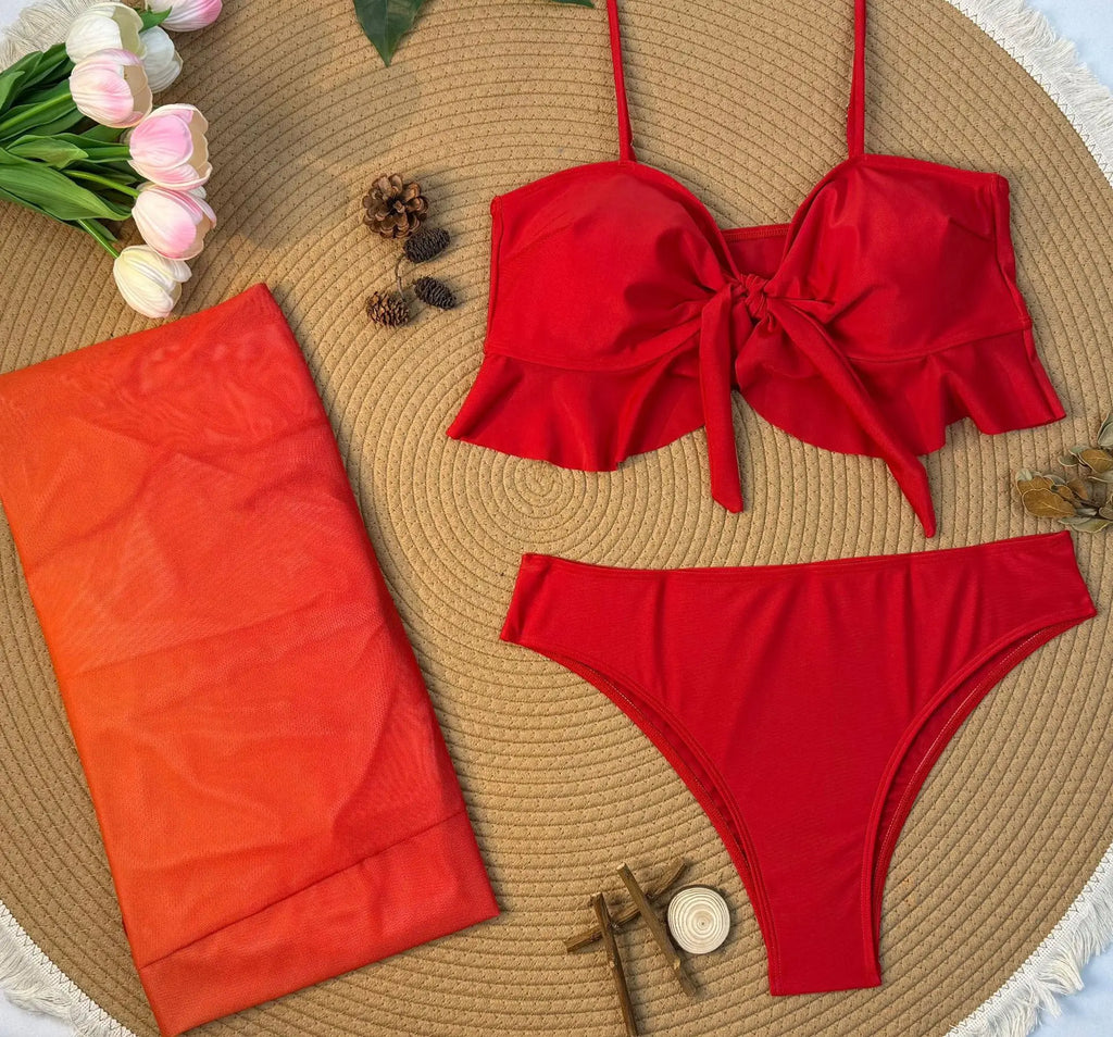 Cikini Sexy Gradient Color Three Piece Swimsuit Mesh Bikinis Set Summer Beach Swimwear Bathing Suit For Women
