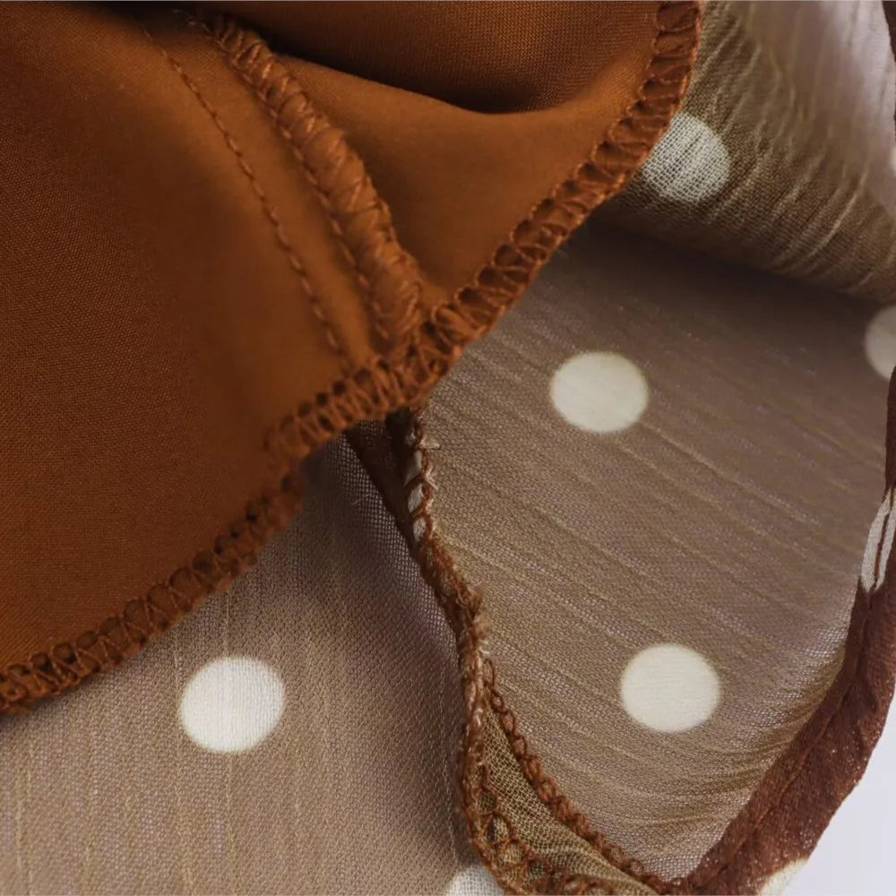 Vintage Brown Polka Dot Print Long Puff Sleeve Chiffon Dress Woman Pleated Front Slim High Waist Ankle Length Dress Robe