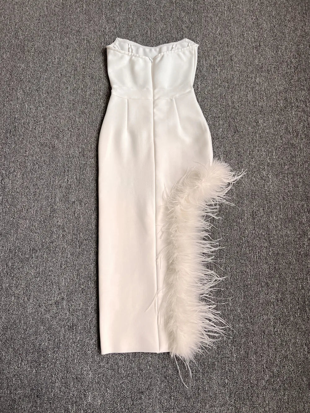New Women Sexy Strapless Black White Feather Midi Bandage Dress 2026 Split Knitted Elegant Evening Bodycon Party Dress