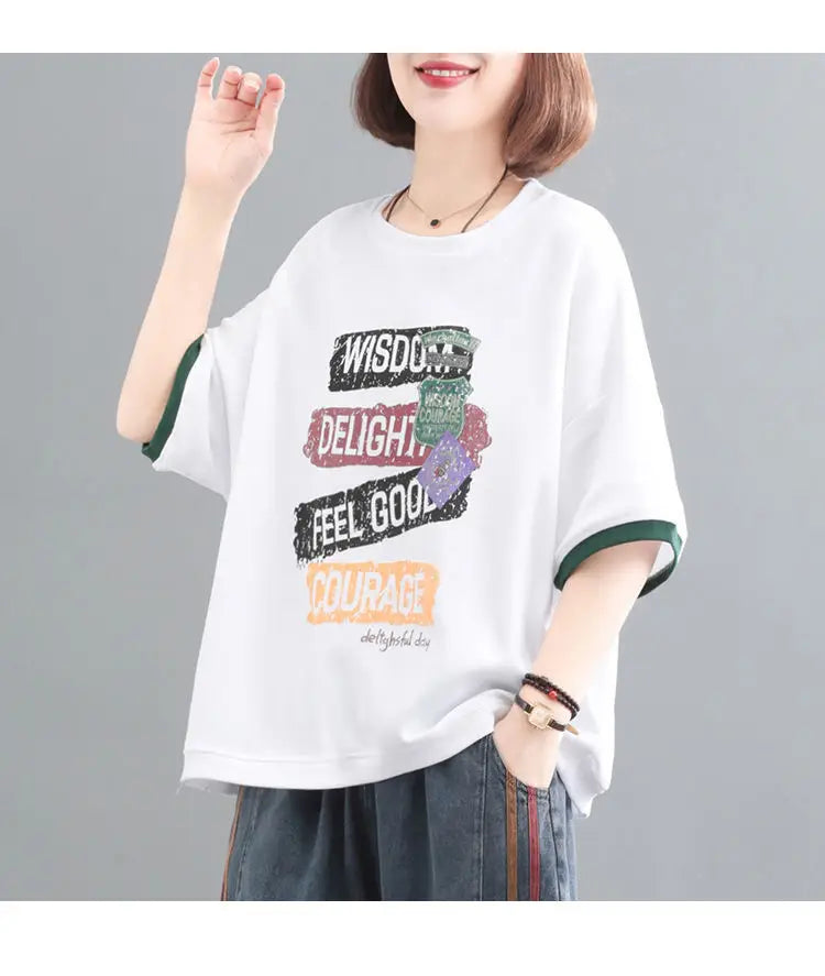 Female Korean Casual Letter Printed Round Neck T-shirt Summer Loose All-match Contrast Color Half Sleeve Tops Womens Clothing
