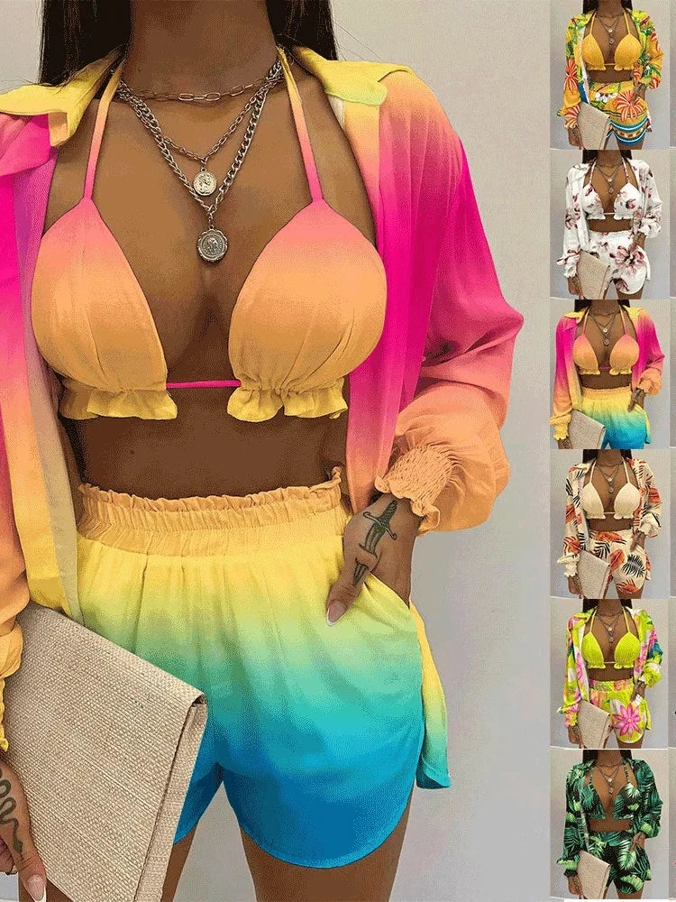 2026 New Bathing Suit Shorts Cover Up Summer Three Pieces Swimwear Sexy Beachwear High Waist Bikini Set Print Women's Swimsuit