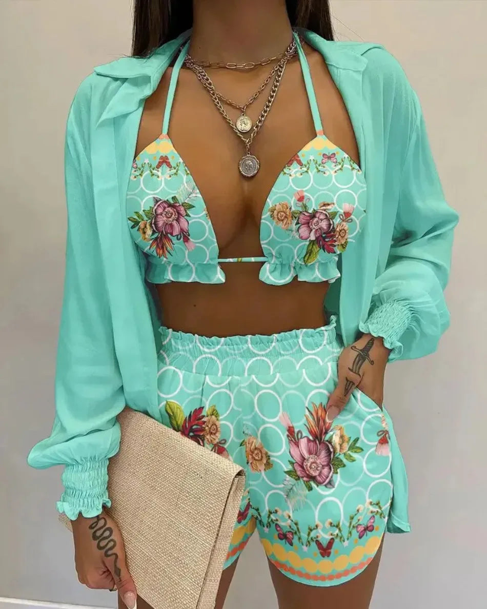 2026 New Bathing Suit Shorts Cover Up Summer Three Pieces Swimwear Sexy Beachwear High Waist Bikini Set Print Women's Swimsuit