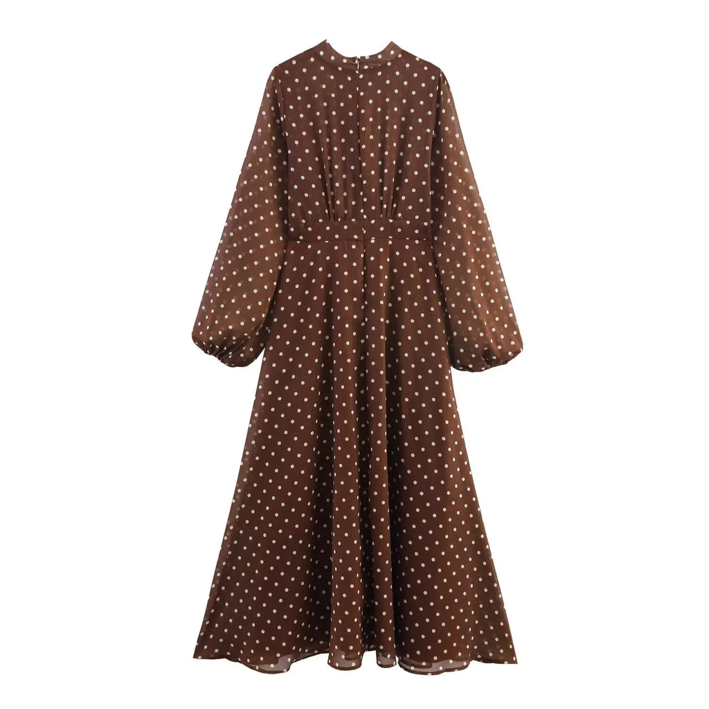 Vintage Brown Polka Dot Print Long Puff Sleeve Chiffon Dress Woman Pleated Front Slim High Waist Ankle Length Dress Robe