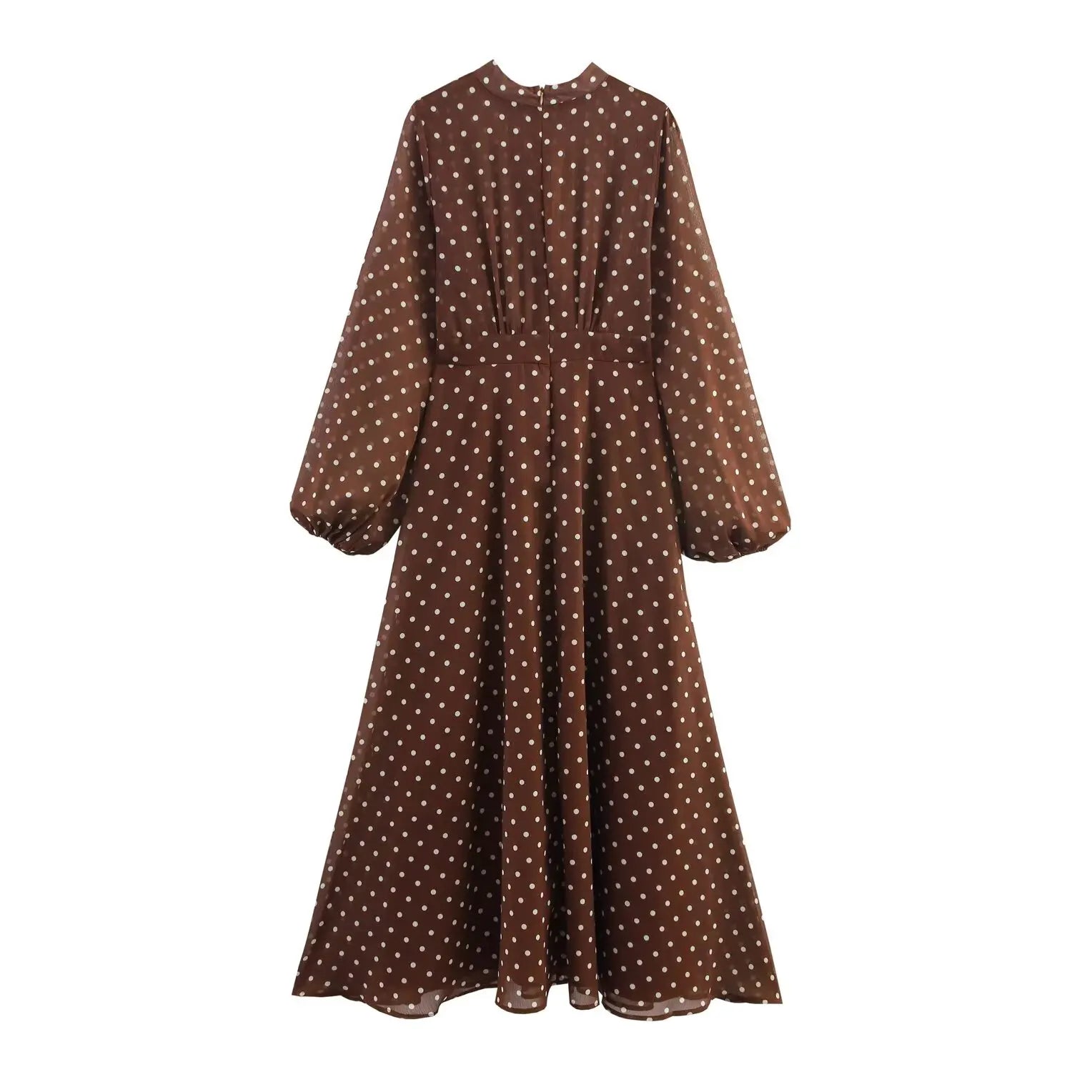 Vintage Brown Polka Dot Print Long Puff Sleeve Chiffon Dress Woman Pleated Front Slim High Waist Ankle Length Dress Robe